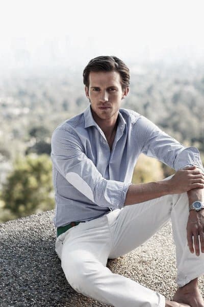 Modern Male Summer Outfits Styles Light Blue Dress Shirt With White Pants