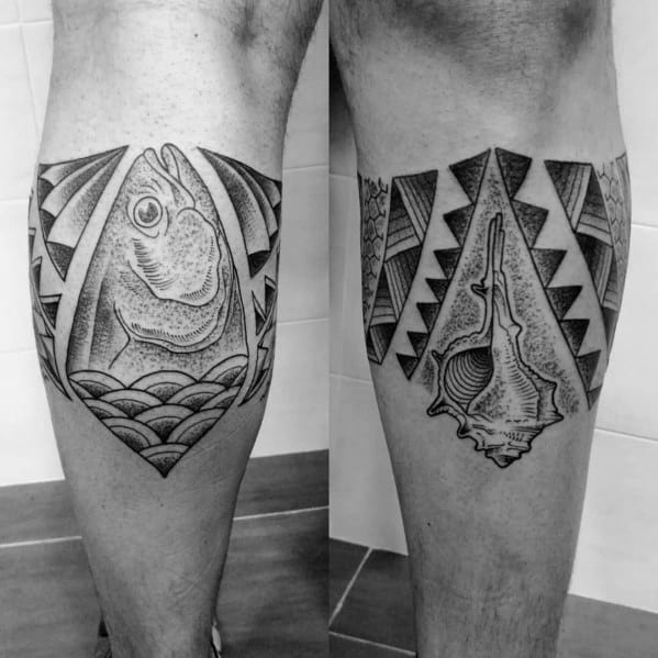 Black and grey geometric tuna fish and seashell tattoos on a man's legs, featuring intricate patterns, fine line shading, and tribal-inspired details.