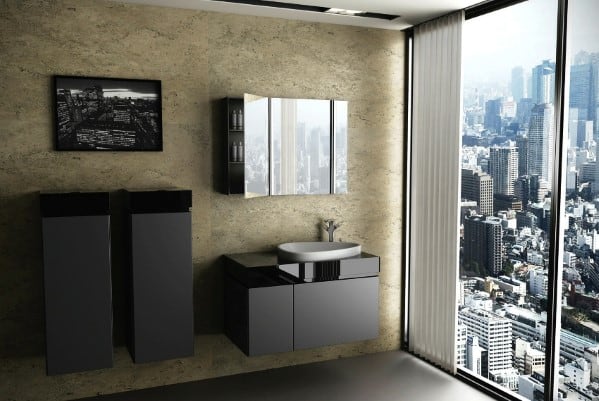 Modern bathroom with city view, black vanity, and large window with skyline