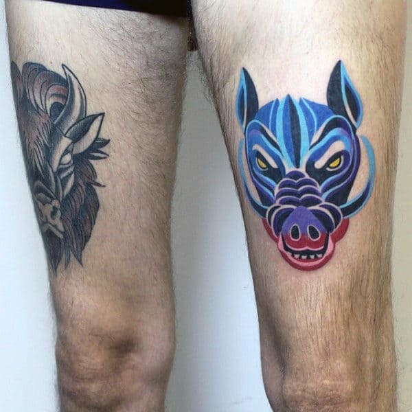 Modern Mens Boar Thigh Tattoo With Artistic Design