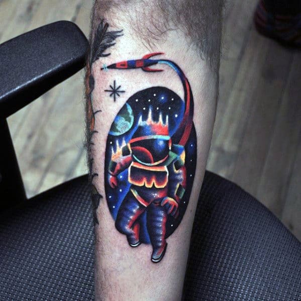 Modern Mens Creative Spaceship With Astronaut Inner Forearm Tattoo