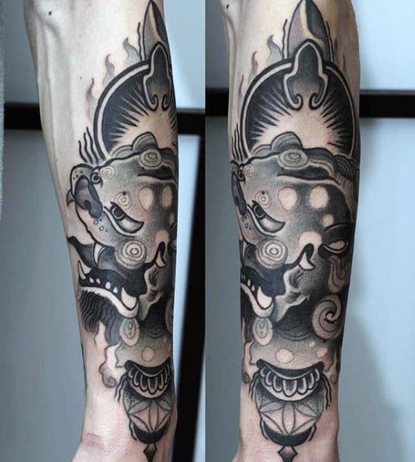 Modern Mens Foo Dog Forearm Tattoo Ideas