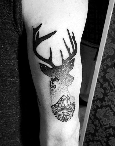 Modern Mens Outer Arm Deer Tattoo With Ship And Stars