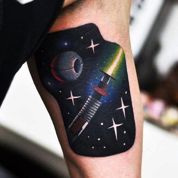 Modern Mens Outer Space Lightsaber Tattoo On Inner Arm