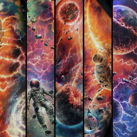 Modern Mens Outer Space Tattoo With Floating Astronaut
