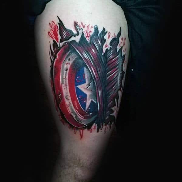 Modern Mens Thigh Tatoto Of Captain America Shield