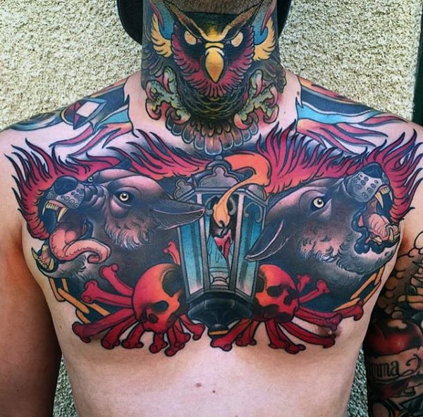 Modern Mens Upper Chest Lantern Fire Tattoos