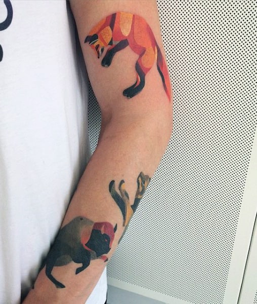 Modern Mens Watercolor Bison Tattoo On Forearm