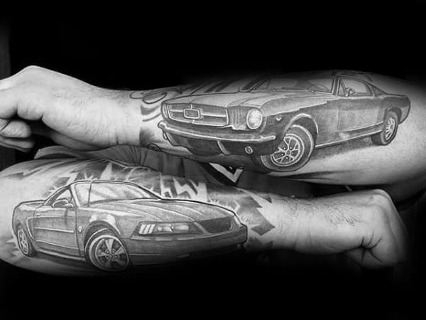 Modern Mustang And Vintage Car Guys Outer Forearm Tattoos