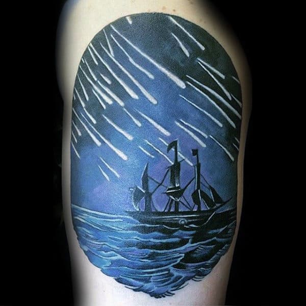 Modern Nautical Thigh Tattoo For Men Of Night Sky With Ship