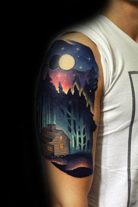 Modern Neon Cabin With Night Sky Guys Arm Tattoo