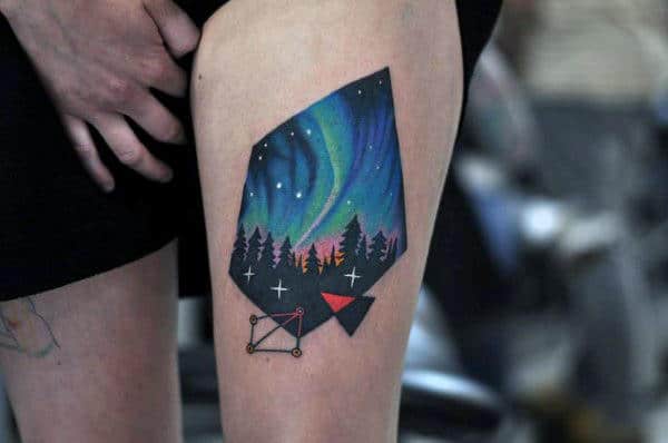 Modern Northern Lights Thigh Tattoos For Guys With Black Ink Forest