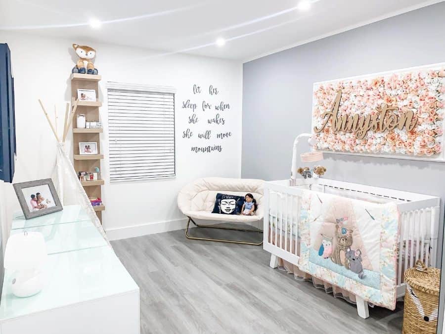 large modern nursery white crib bookshelf bassinet