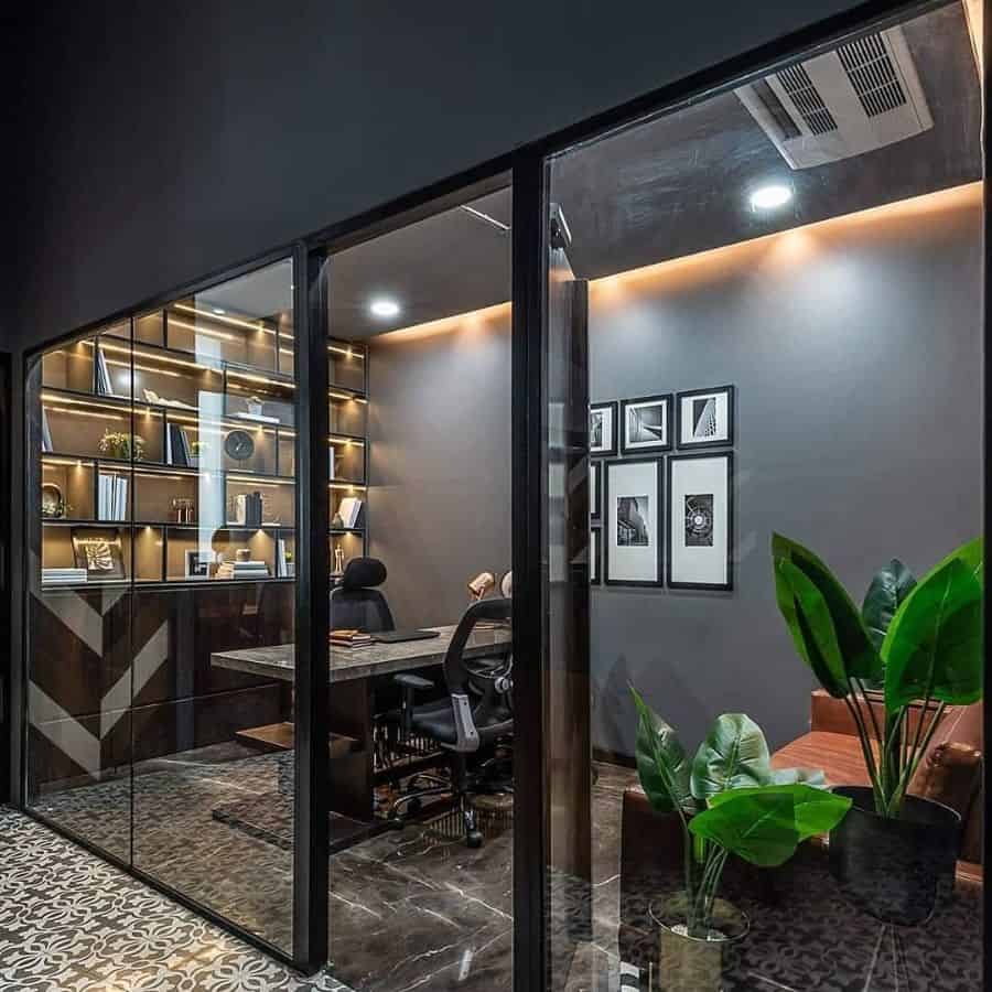 modern office gray wall framed wall art polished granite desk cabinet with wall shelves