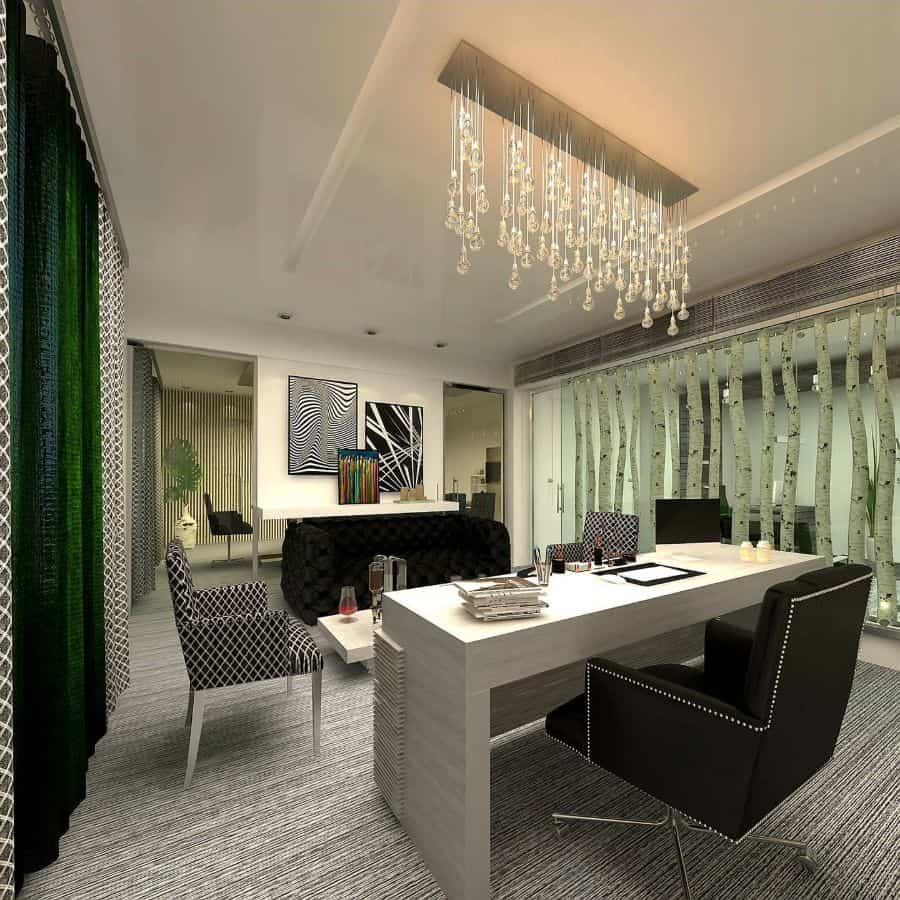 large modern office white desk black chairs and sofa track lighting