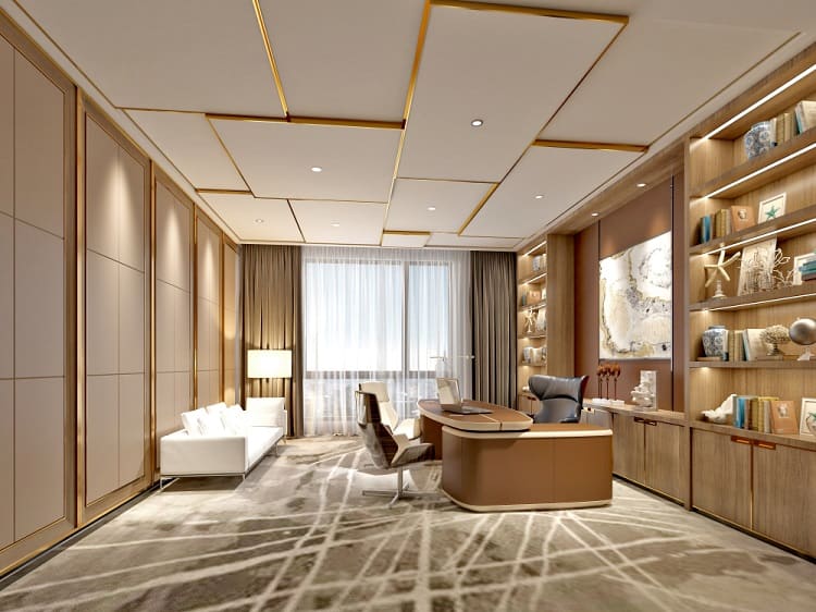 A modern office featuring a floating ceiling with integrated lighting, elegant wood shelving, stylish furniture, and large windows offering natural light, creating a sophisticated and professional workspace