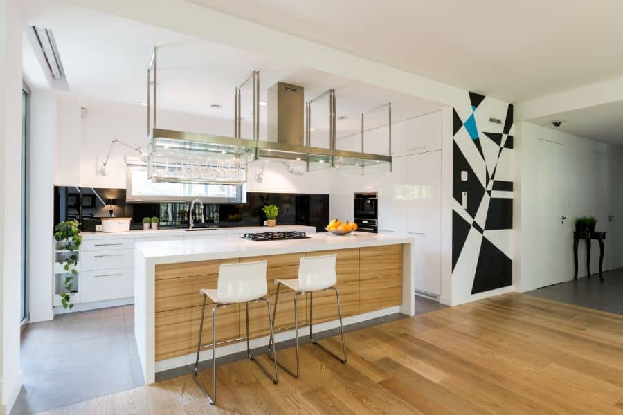 open kitchen design with white cabinets