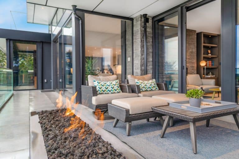 modern patio with fireplace