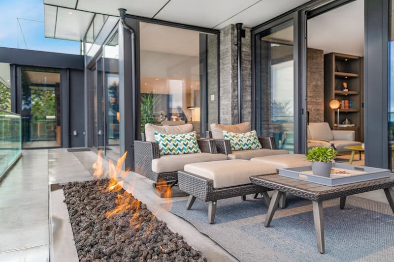 modern patio with fireplace