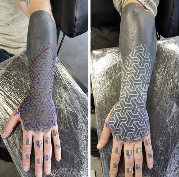 Modern Pattern White Ink Blackwork Mens Lower Forearm Sleeve