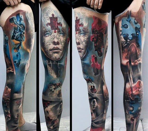 Modern Puzzle Piece Tattoo For Men Full Leg Sleeve