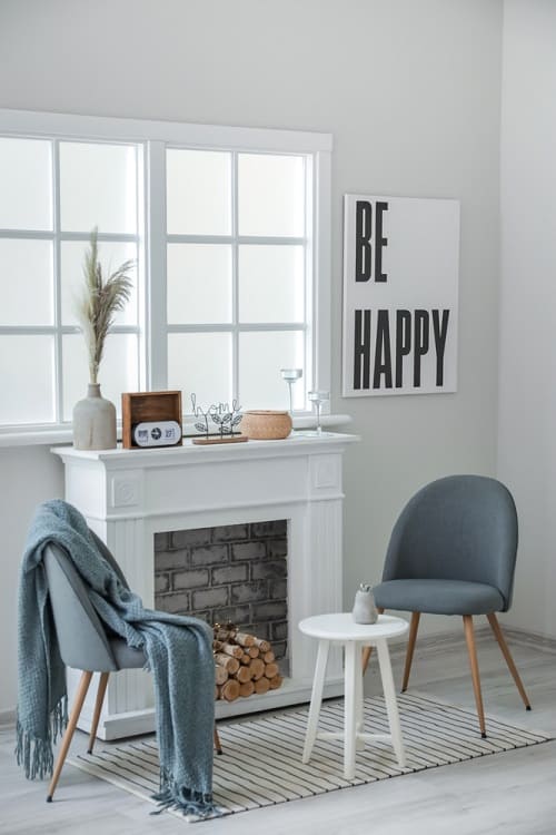 modern living room with faux fireplace