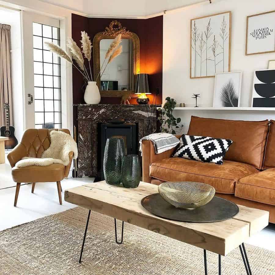 modern rustic living room with corner fireplace and brown sofa