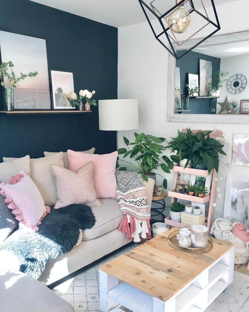 modern rustic living room with pastel colors