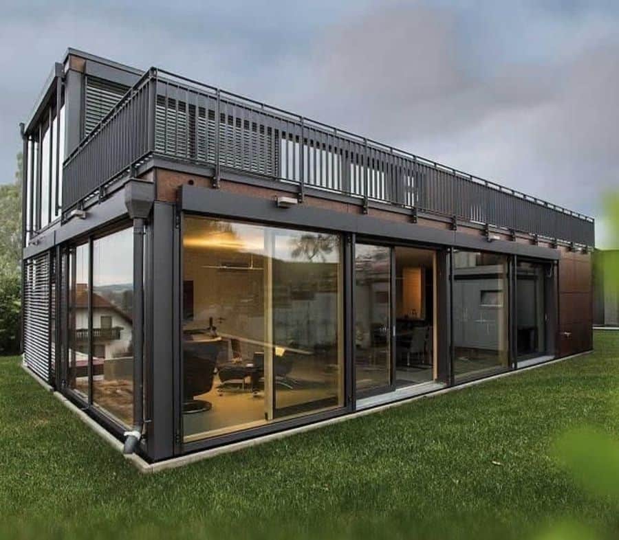 modern shipping container home with balcony
