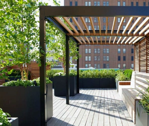 Rooftop pergola with slatted wood design, potted greenery, and urban cityscape backdrop.