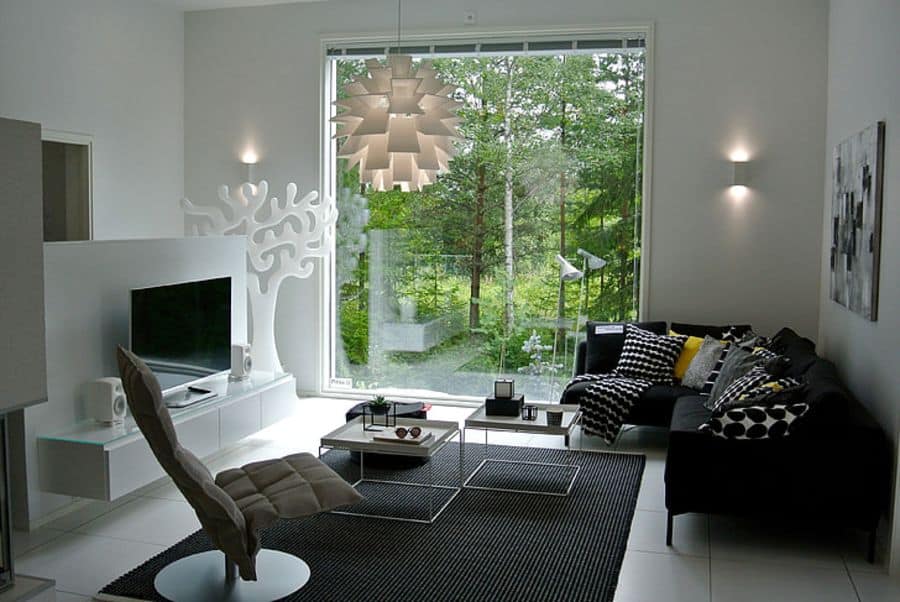 small modern living room large glass window