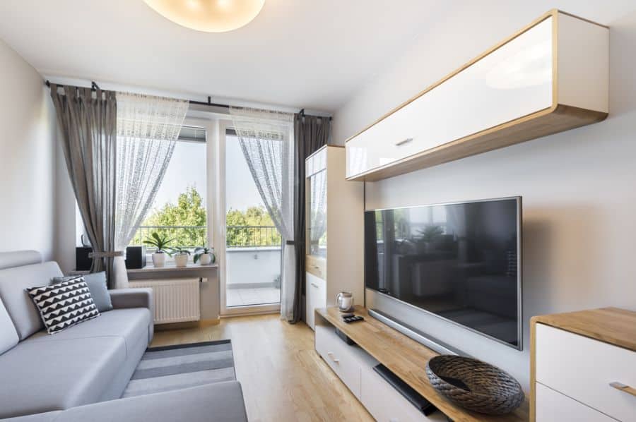 modern apartment living room with gray sofa