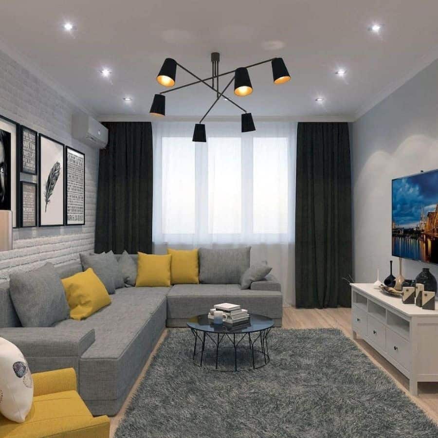 modern living room apartment with gray sofa