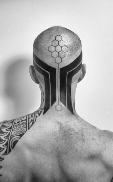 Modern Tribal Back Of Head And Neck Male Tattoo Ideas