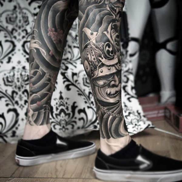 Modern Tribal Samurai Mask Calf Tattoo In Black Ink For Men