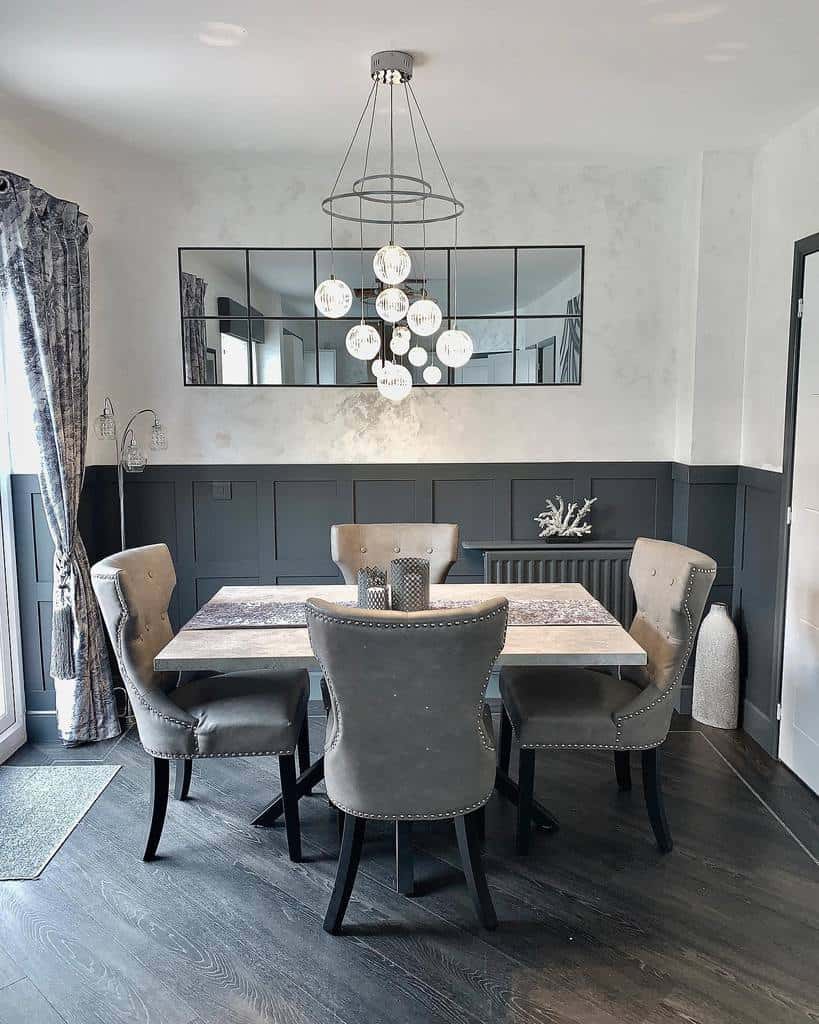 gray dining room wood flooring