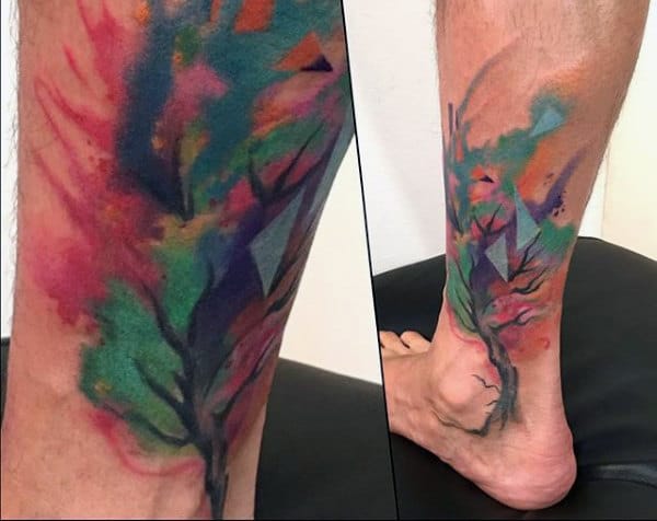 Modern Watercolor Tree Tattoo Male Lower Legs