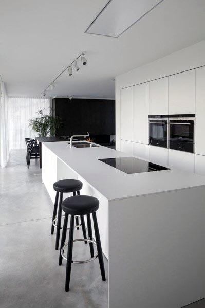 Modern white kitchen with minimalist design, sleek island, and black bar stools.