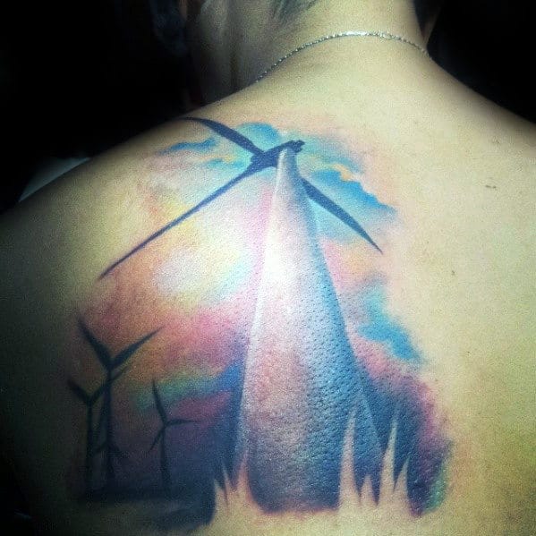 Modern Windmill Mens Painting Watercolor Back Of Shoulder Tattoo