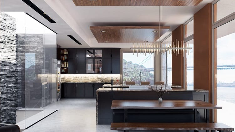 A modern kitchen with a wooden floating ceiling, elegant cabinetry, a spacious dining area, and expansive windows offering a scenic view, creating a sophisticated and open atmosphere