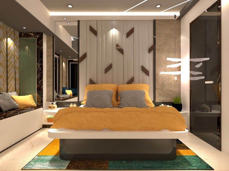 Modern bedroom with a vibrant yellow and gray bedspread, geometric accents, and ambient lighting