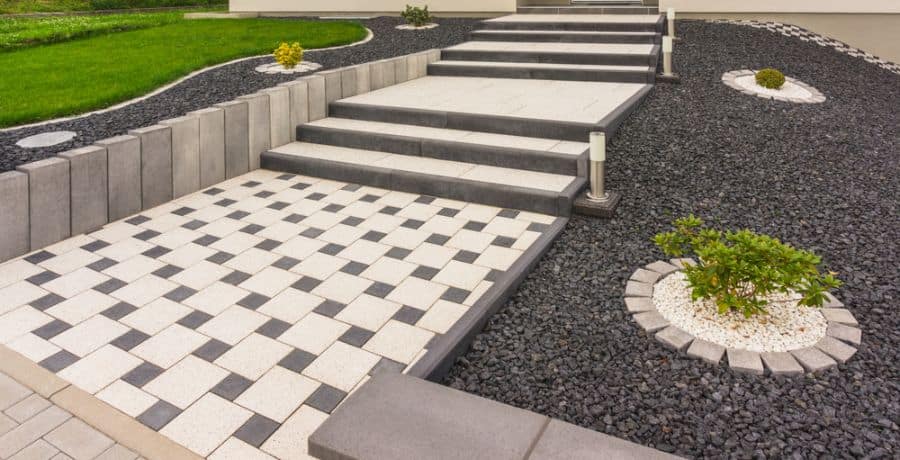 paved patio with stairs large zen pebble garden 