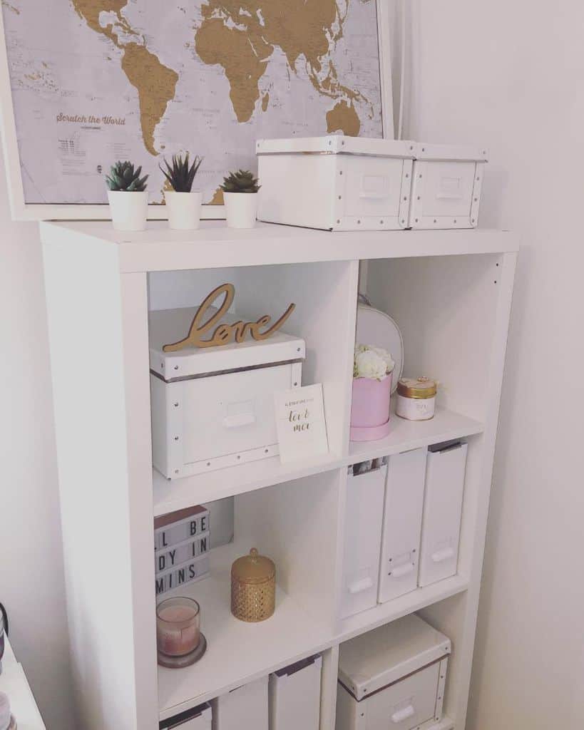 tall white modular office storage unit world map succulents