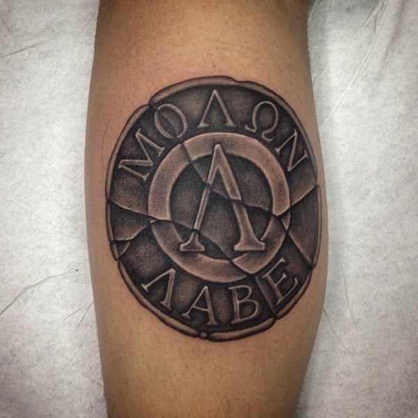 Molon Labe Stone Leg Calf Guys Tattoo Ideas