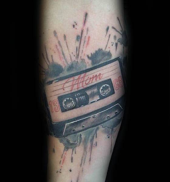 Mom Memorial Cassette Tape Guys Watercolor Paint Splatter Inner Forearm Tattoo