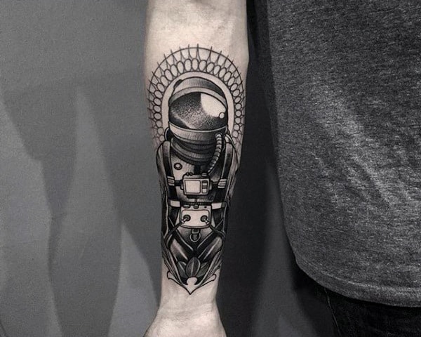 Monchrome Astronaut Tattoo For Guys Forearms