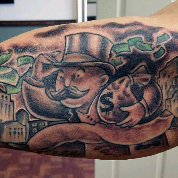Money Bag Monopoly Man Tattoo For MEn