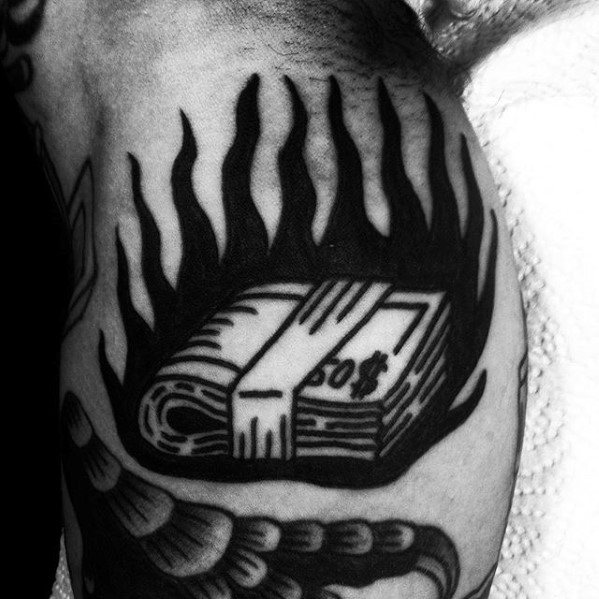 Money Roll With Flames Guys Traditional Old School Simple Arm Tattoos