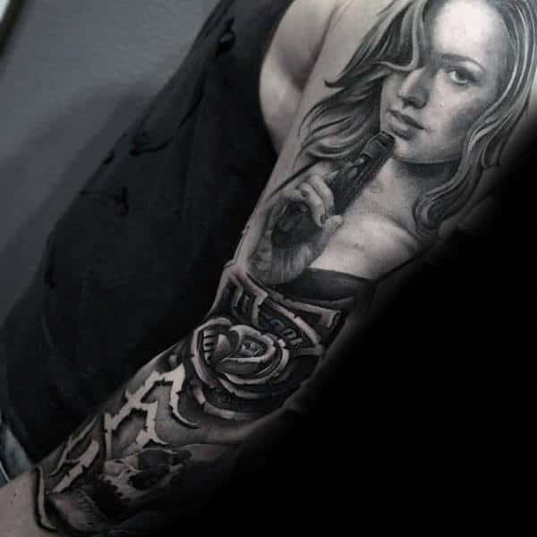 Money Rose Flower With Female Holding Gun Guys Chicano Sleeve Tattoo
