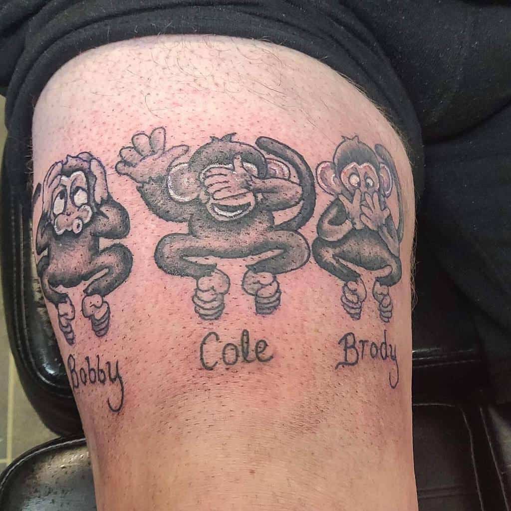Tattoo of three monkeys on a person's leg, labeled Bobby, Cole, Brody, depicting see-no-evil, hear-no-evil, speak-no-evil